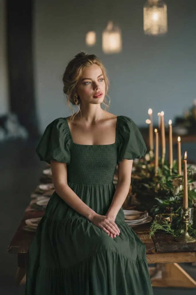 woman in an elegant dark green puff-sleeve dress sitting at a candlelit holiday table with greenery decor