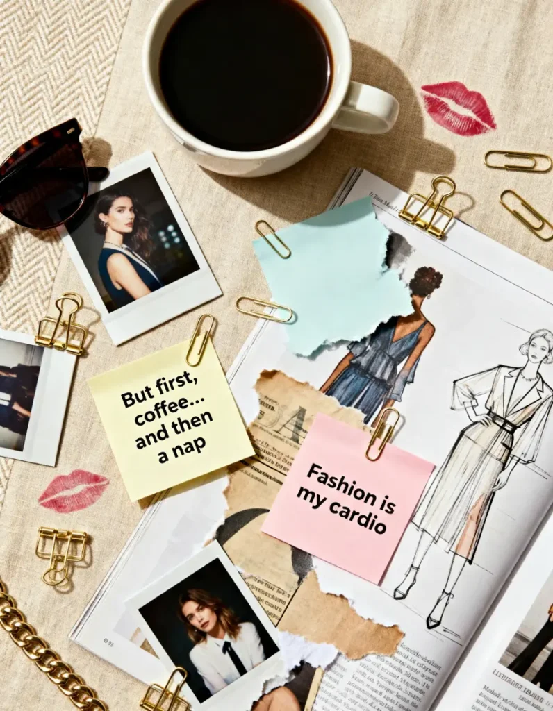 Stylish flat lay with a cup of coffee, fashion sketches, polaroid photos, gold paper clips, and sticky notes reading ‘But first, coffee… and then a nap’ and ‘Fashion is my cardio’ on a beige fabric background.