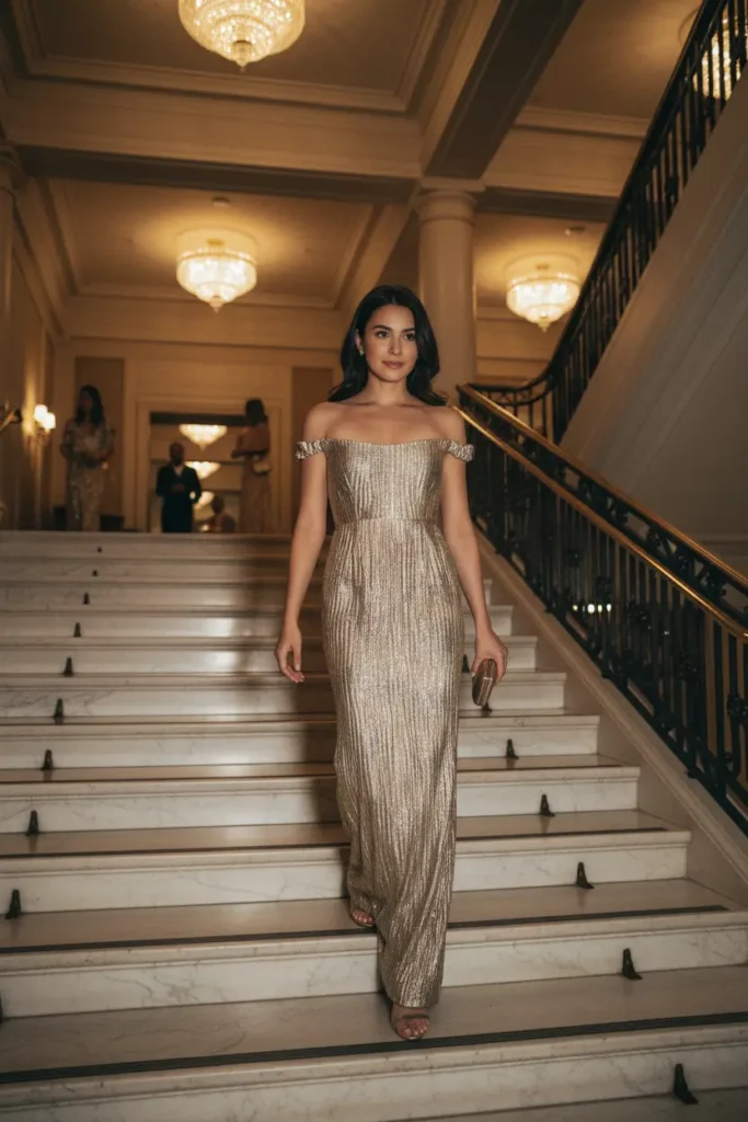 woman walking down marble stairs in a metallic gold off-shoulder evening gown