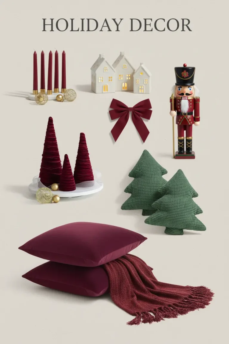 burgundy holiday decor collage with velvet christmas trees, burgundy tapered candles, ceramic village houses, nutcracker figurine, burgundy bow, green Christmas tree pillows, and burgundy pillows with matching throw blanket on neutral background