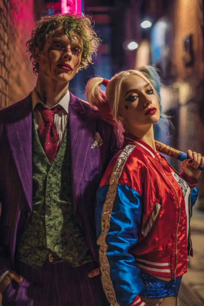 Colorful chaotic villain-inspired Harley Queen and Joker Halloween couple costume featuring a purple suit and a red-blue jacket look.