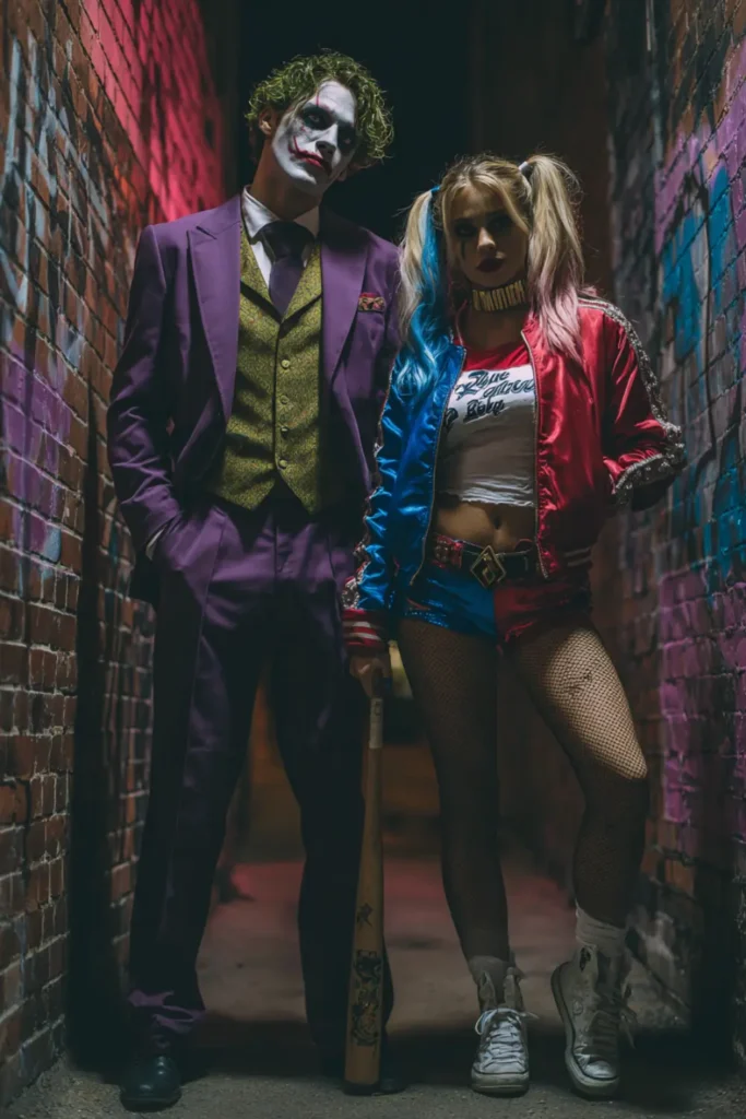 Urban alley Halloween couple costume, villain inspired Harley Queen and Joker, with neon lighting, featuring a purple suit and a red-blue punk-style outfit.