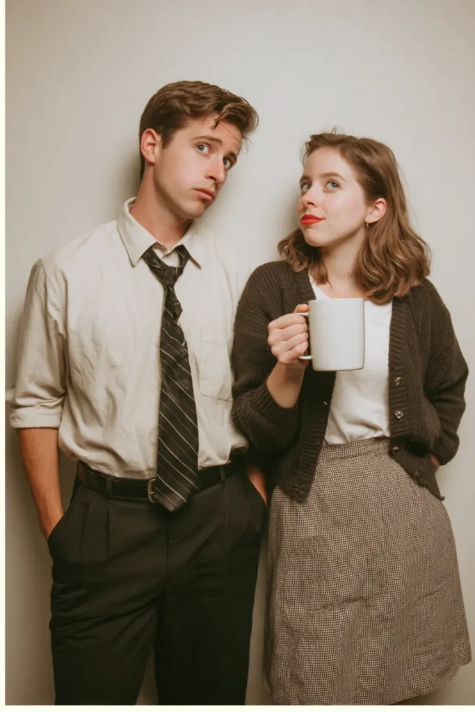 Couple in office-themed costume inspired by Pam and Jima casual-shirt-and-tie character and a cardigan-and-skirt receptionist look.