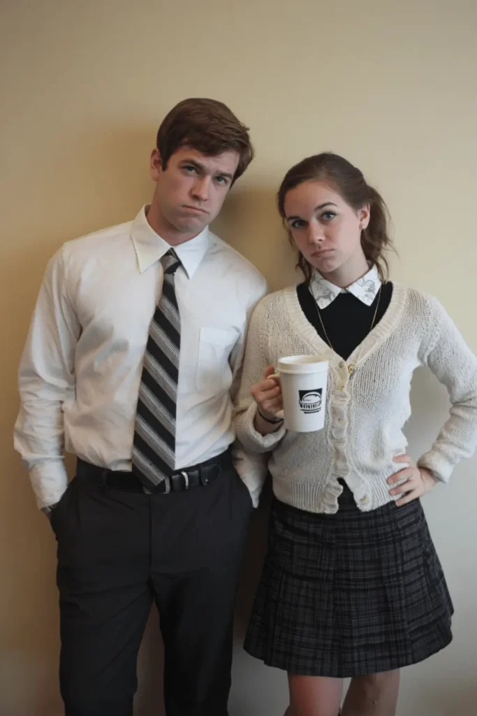 Office-inspired Pam and Jim Halloween couple costume featuring a white dress shirt, tie, plaid skirt, cardigan, and mug prop.