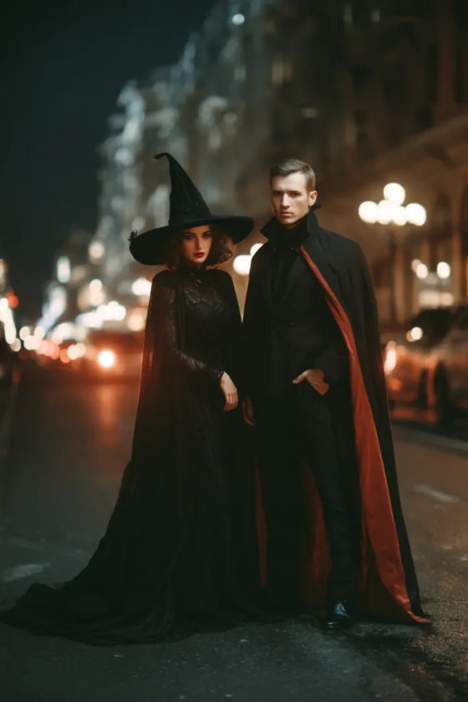 Couple dressed in a witch and Drakula outfit and a dark-cloaked companion walking together on a city street at night.