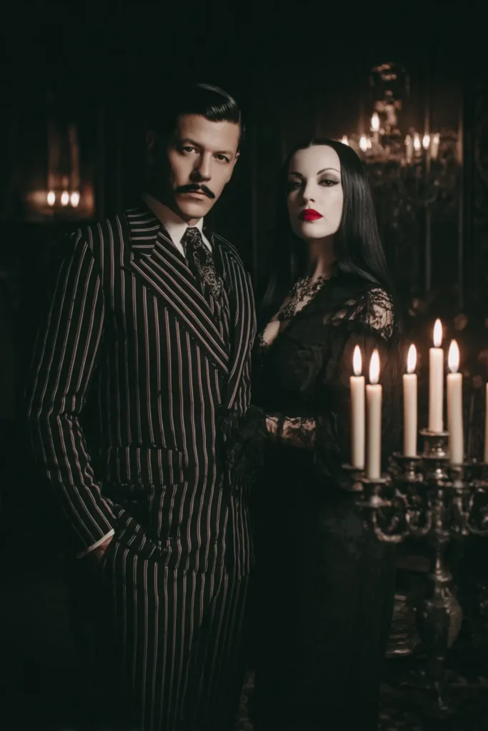 Marticia and Gomez Addams inspired outfit, elegant gothic Halloween couple costume with a pinstripe suit and a long black lace dress in candlelit setting