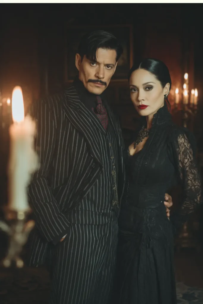 Marticia and Gomez Addams inspired outfit, Gothic romantic Halloween couple costume with long black dress and dark suit, photographed beside candlelight