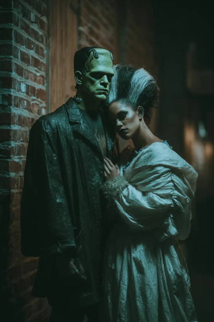 Classic monster-inspired Frankenstein Halloween couple costume featuring a tall dark coat and a white gown with voluminous hair