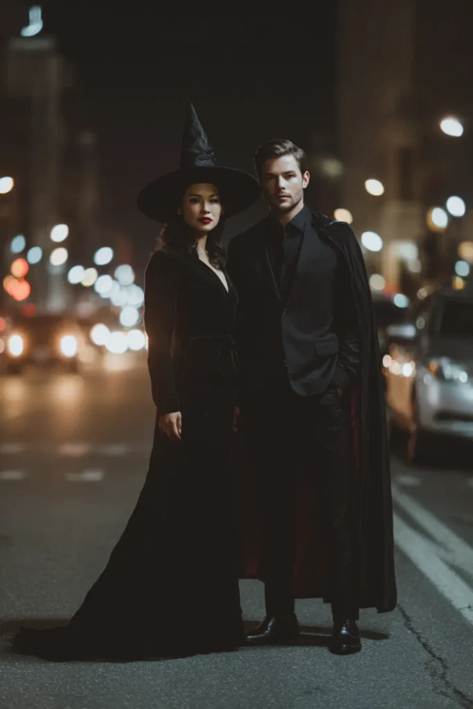 Couple Halloween costume with a witch in a long black dress and pointed hat standing beside a partner Dracula in a black cloak on a nighttime street.