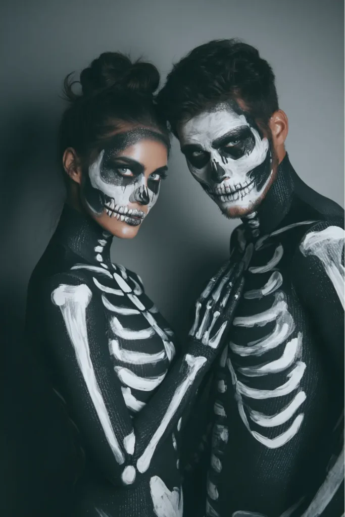 Halloween couple wearing skeleton makeup and dark outfits, posing closely with dramatic lighting