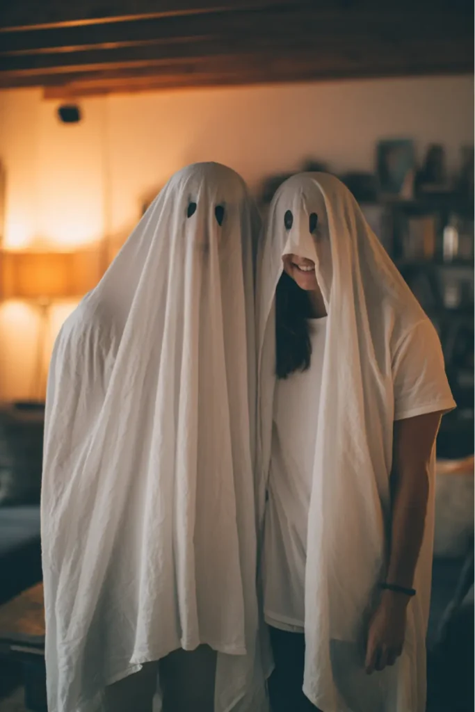 Ghost couple Halloween costumes with white sheets and eye cutouts, standing side by side in soft spooky lighting.
