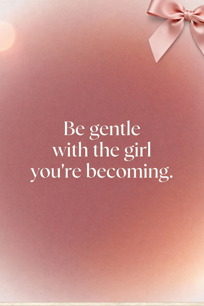 pink gradient wallpaper with satin bow detail and self-kindness quote in elegant white lettering