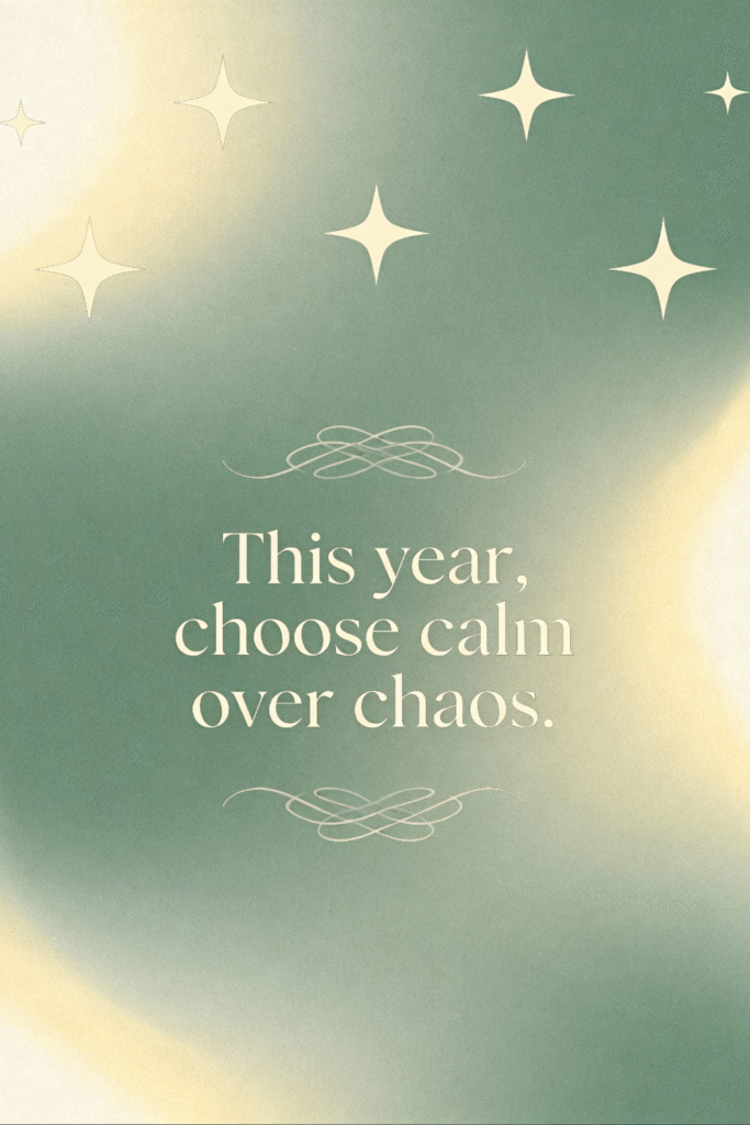sage green motivational wallpaper with cream star shapes and quote “this year choose calm over chaos” in elegant serif font