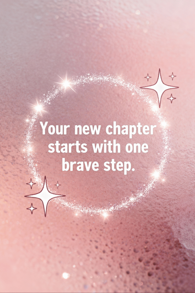 pink glitter-texture wallpaper with sparkly circular frame and motivational quote about starting a new chapter