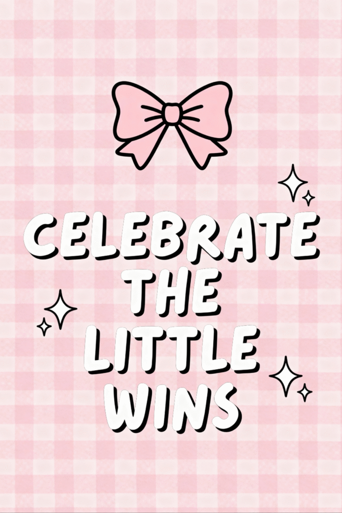 pink gingham check wallpaper with doodle bow and bold white bubble letters saying “celebrate the little wins”