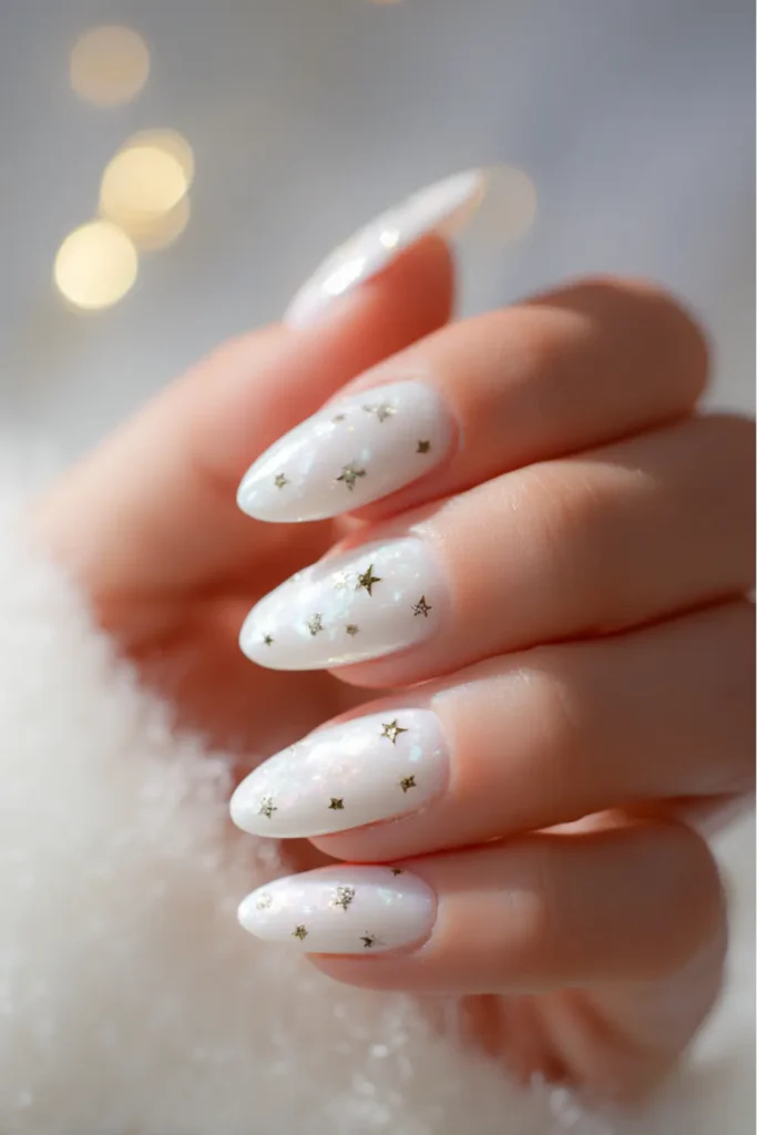 White iridescent nails with tiny gold star decals, celestial New Year’s Eve nail design.
