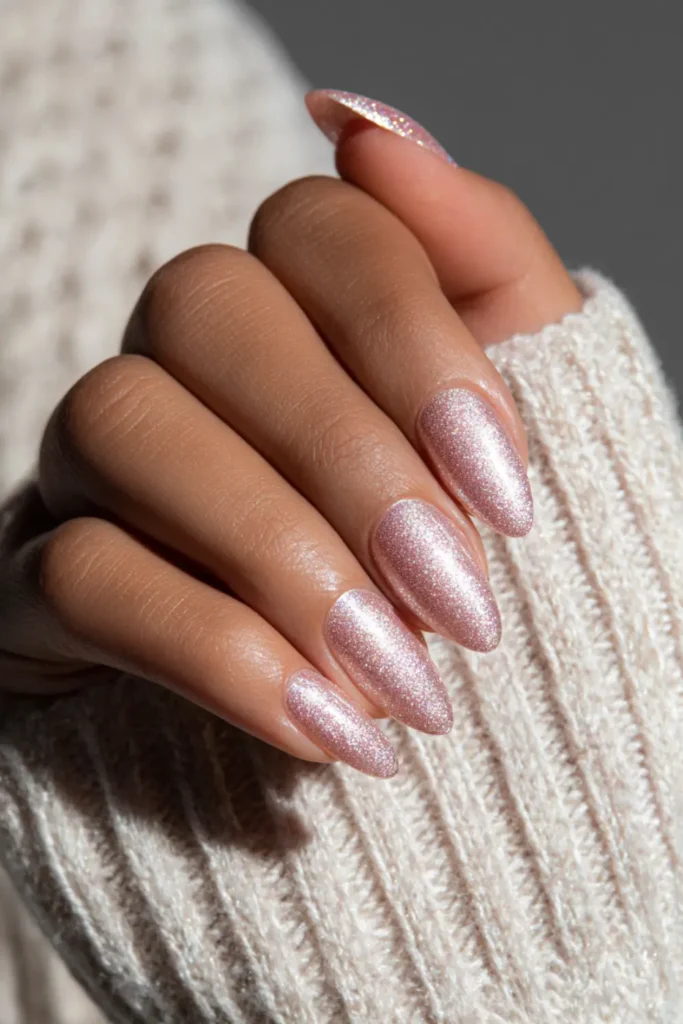 Pink shimmering almond nails with a soft reflective glow, elegant NYE manicure.
