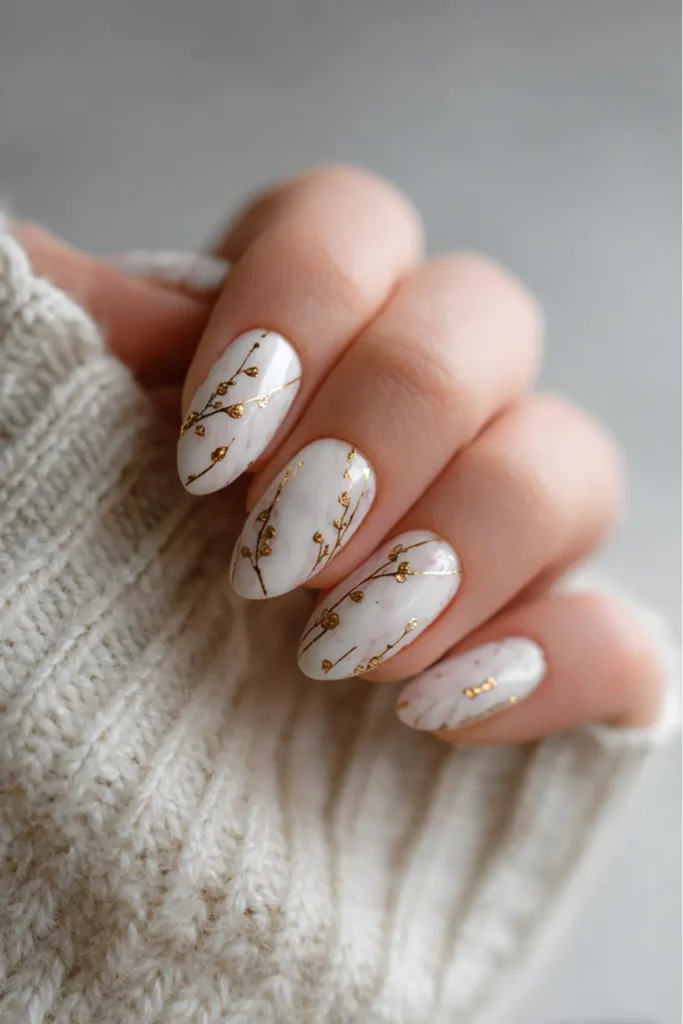 White marble nails with delicate gold branch accents, classy winter New Year’s Eve nail design.