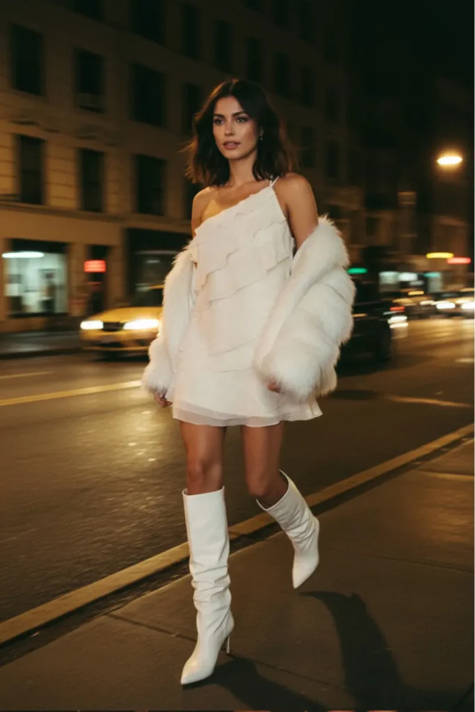 woman walking on a city street at night wearing a white mini dress with layered ruffles, white faux fur jacket, and knee-high white boots