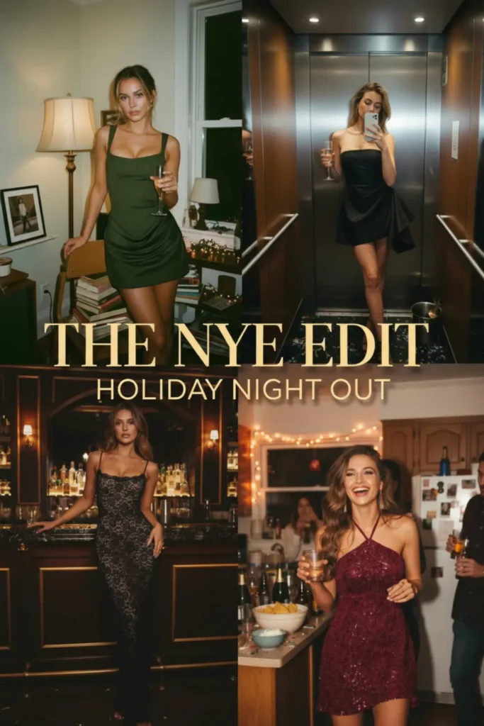 collage featuring four New Year’s Eve party outfits: an olive green mini dress in a cozy room, a strapless black mini dress in an elevator, a long black lace gown at a bar, and a burgundy sequin halter mini dress at a house party, with gold text reading “THE NYE EDIT — HOLIDAY NIGHT OUT”