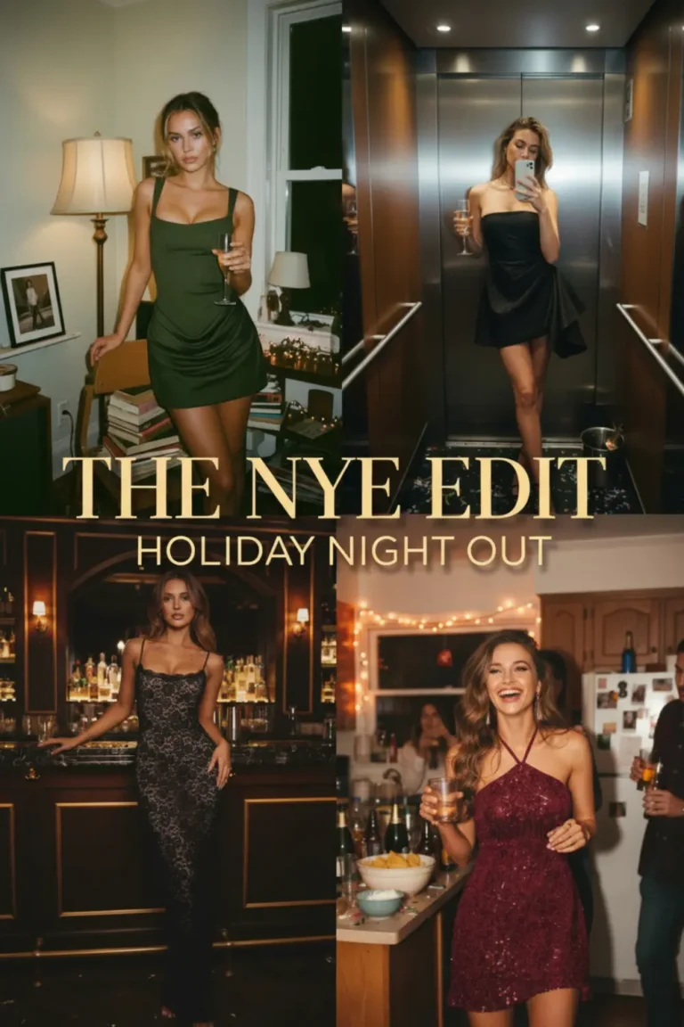 collage featuring four New Year’s Eve party outfits: an olive green mini dress in a cozy room, a strapless black mini dress in an elevator, a long black lace gown at a bar, and a burgundy sequin halter mini dress at a house party, with gold text reading “THE NYE EDIT — HOLIDAY NIGHT OUT”
