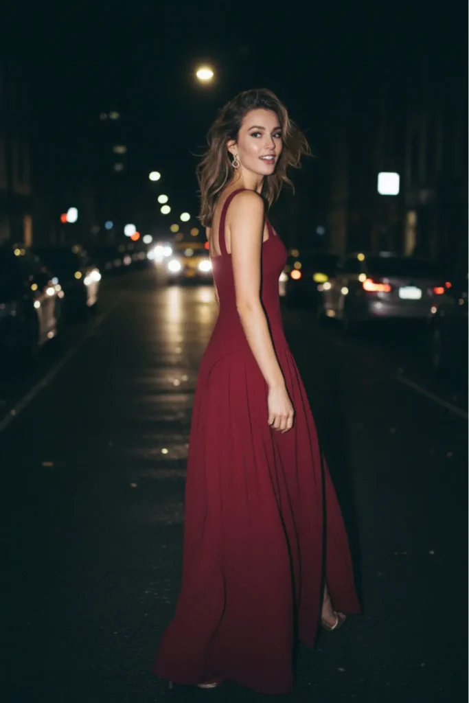 woman walking down a city street at night wearing a long burgundy evening gown