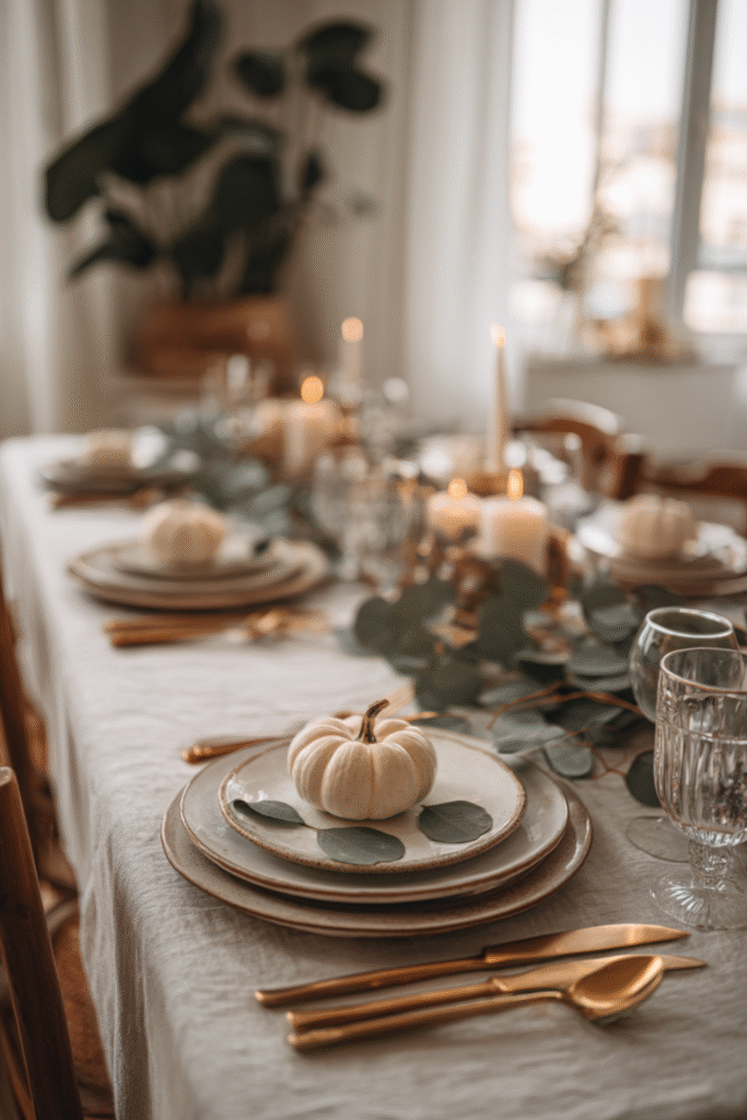 Elegant Thanksgiving tablescape with eucalyptus greenery, white pumpkins, neutral dishware, and gold flatware.
