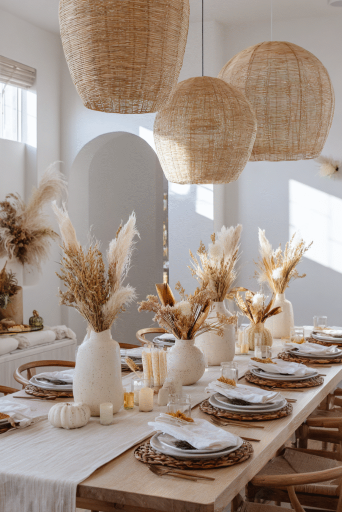 Modern boho Thanksgiving table with woven placemats, rattan lights, dried florals, and neutral dishware.