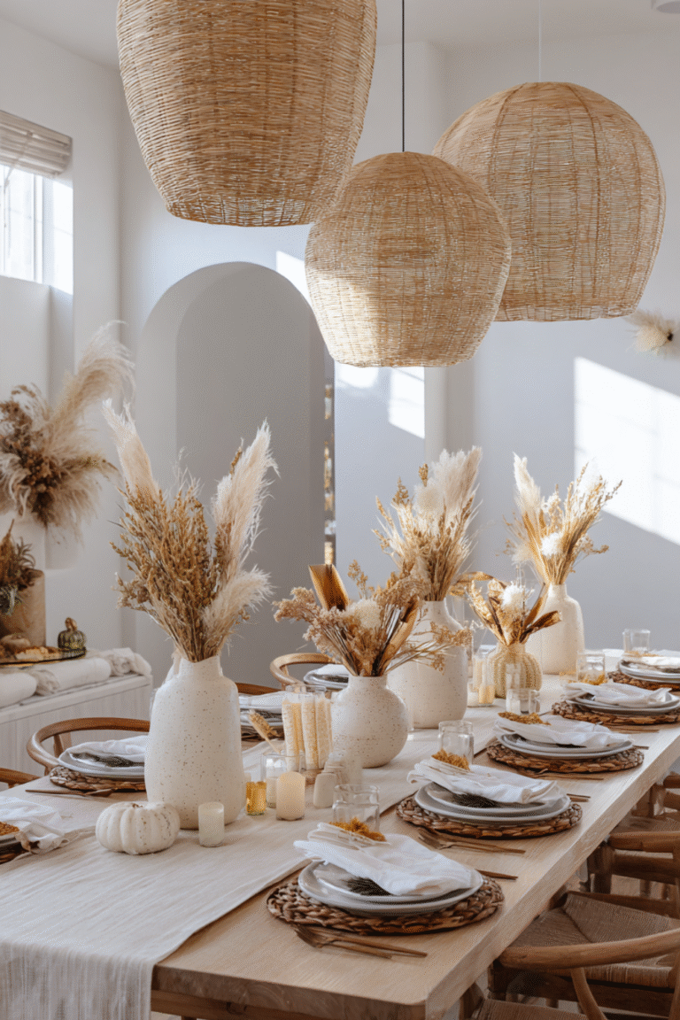 Modern boho Thanksgiving table with woven placemats, rattan lights, dried florals, and neutral dishware.