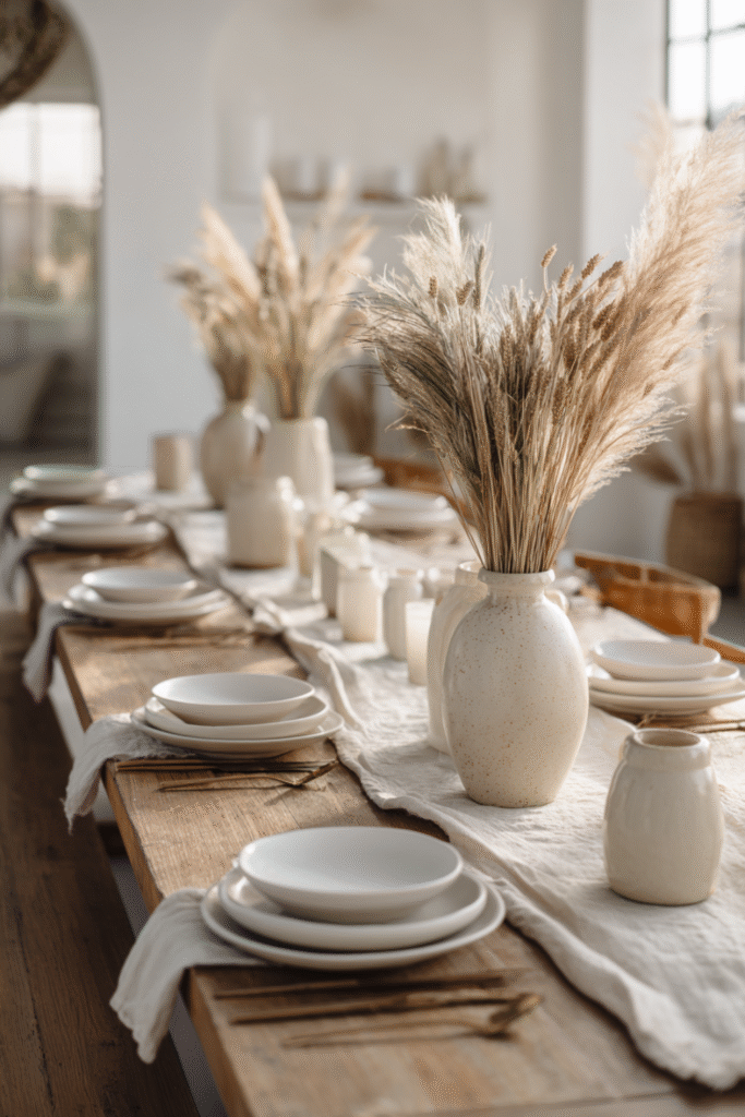 Minimal Thanksgiving tablescape with natural wood table, neutral ceramics, linen runner and tall vase with dried wheat.