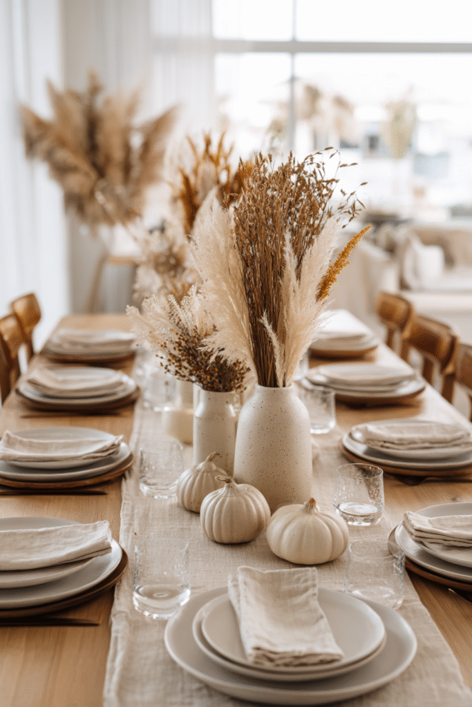 Neutral fall Thanksgiving table with dried pampas, white pumpkins, cream dishes, and soft natural lighting.