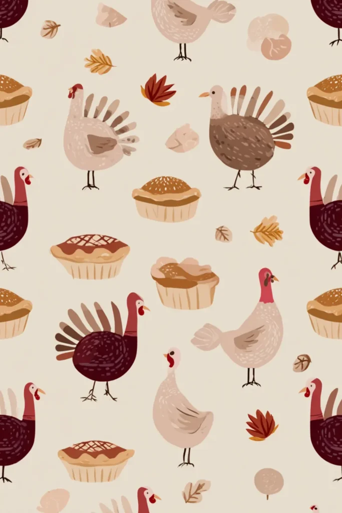 “Cute Thanksgiving wallpaper with illustrated turkeys, pies, leaves and fall-themed icons on a beige background.