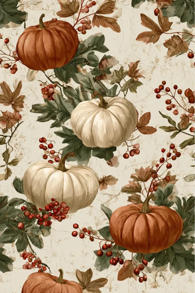 thanksgiving wallpapers 2025 vintage pumpkins with autumn leaves and red berries on beige textured background