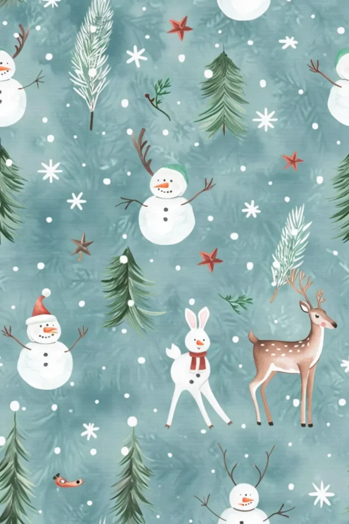 winter woodland scene with snowmen, bunny, deer and pine branches on teal background
