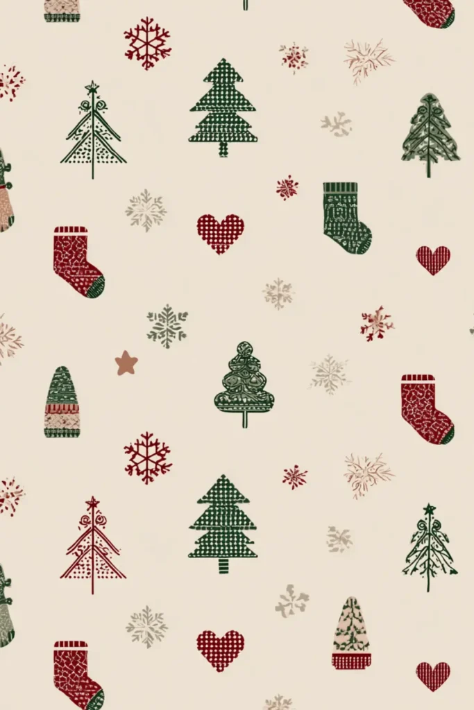 Scandinavian knit-style Christmas icons with hearts, trees and stockings on cream background