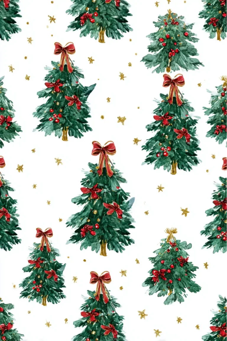 watercolor Christmas trees with red bows and gold glitter details on white background