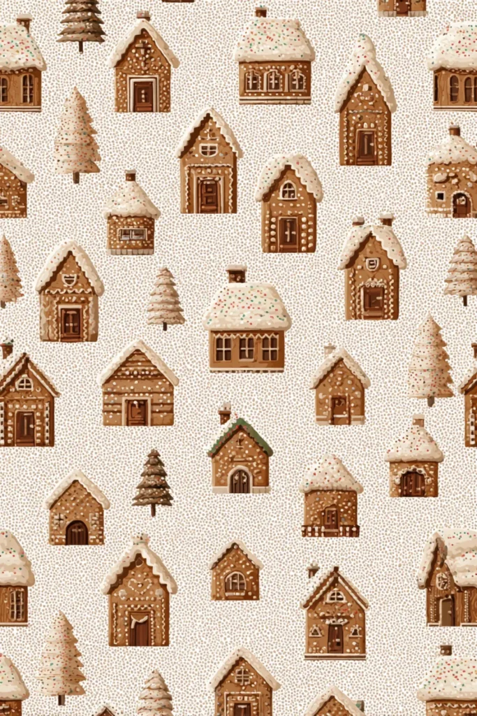 gingerbread houses and snowy trees pattern on beige winter background