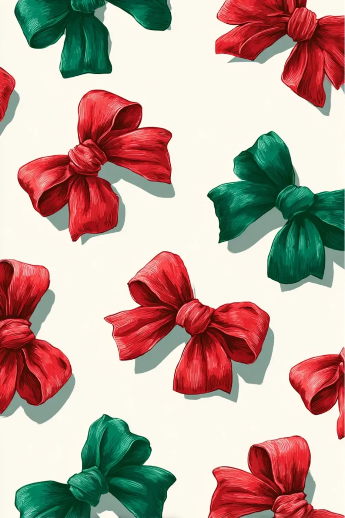 festive red and green illustrated ribbon bows on cream background