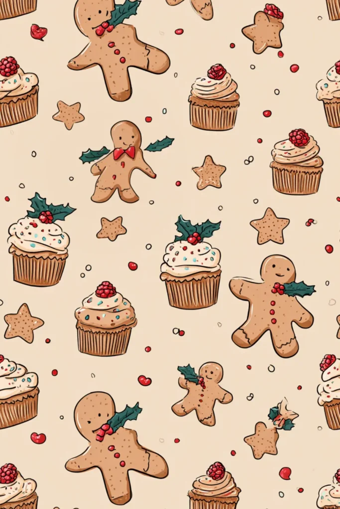 Christmas cupcakes, gingerbread cookies and holly pattern on soft beige background