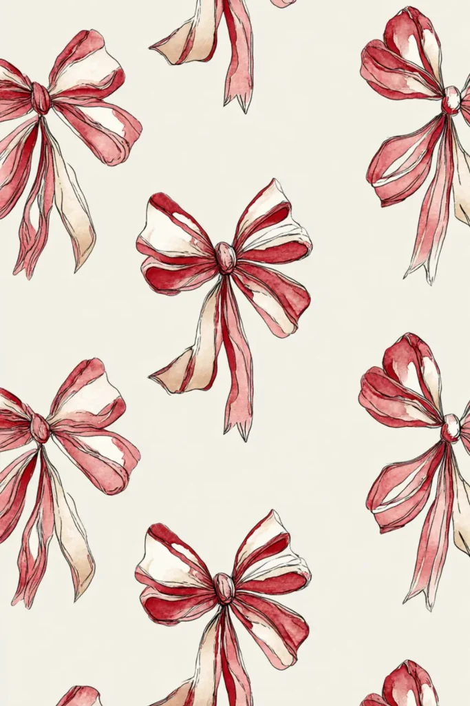 vintage red and cream watercolor Christmas bows on off-white background