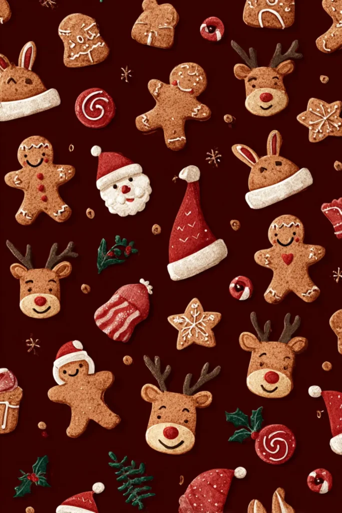 dark red background with gingerbread cookies, reindeer, Santa and holiday sweets pattern
