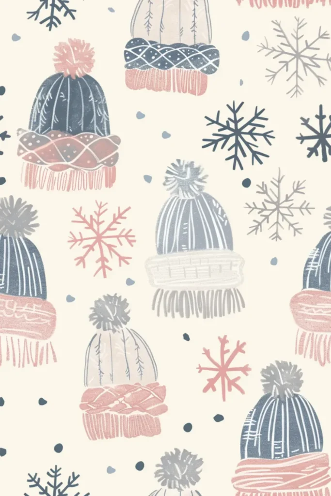 cozy winter hats pattern in pastel colors with snowflakes on cream background
