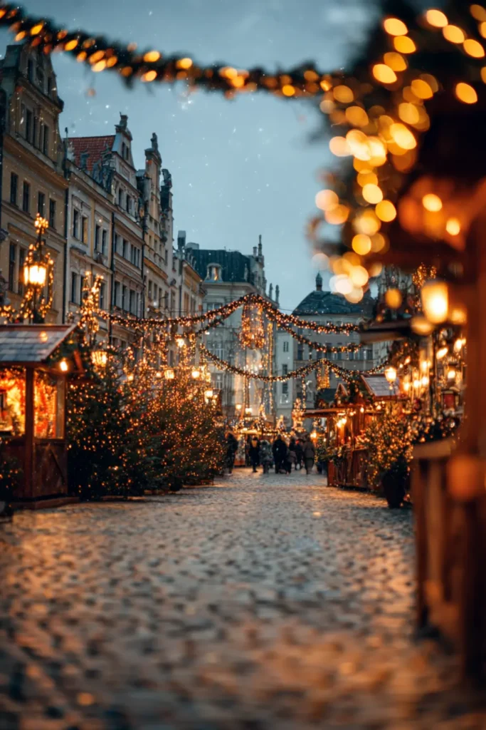 winter wallpaper (1) Tall city buildings decorated with red ornaments and warm golden Christmas lights in winter snow.