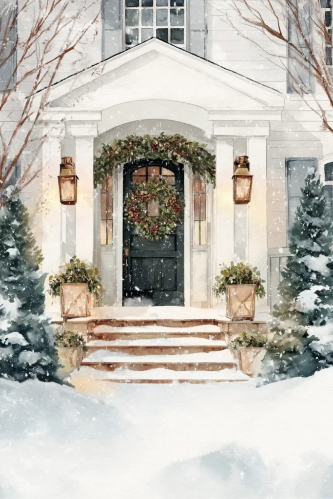 elegant watercolor house porch decorated with holiday wreath, garlands, lanterns, and snowy steps