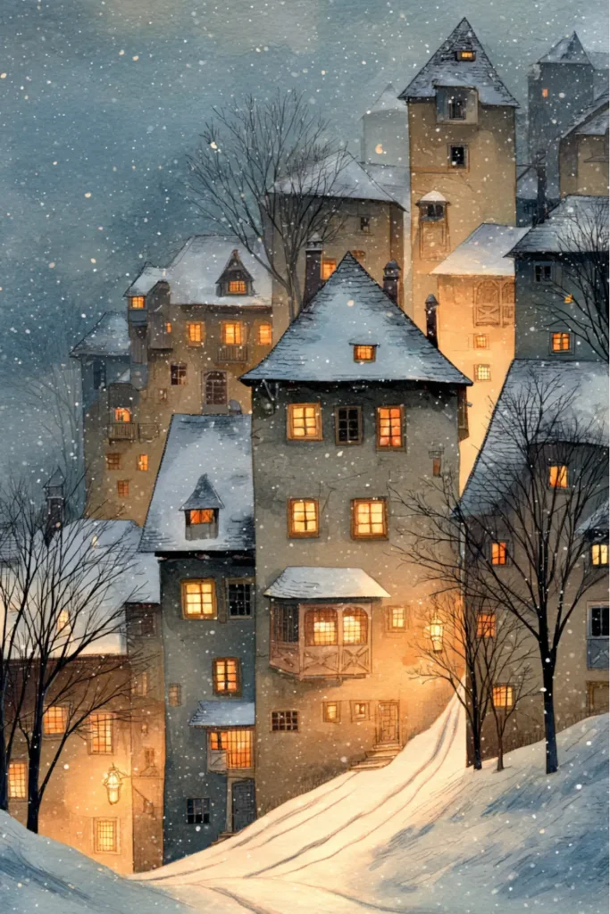 tall medieval-style houses stacked on snowy hill with warm glowing windows during winter snowfall