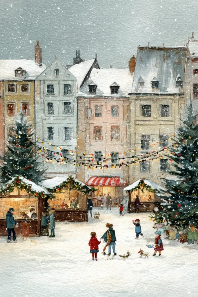 charming Christmas village square with decorated trees, market stalls, children playing, and pastel buildings