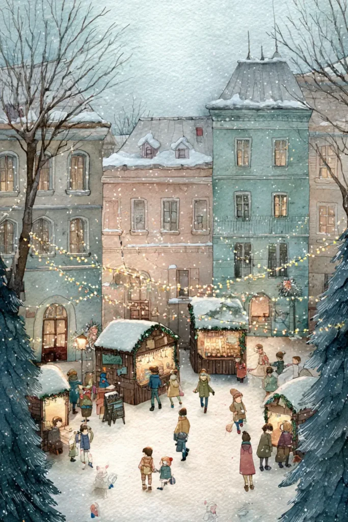 cozy watercolor Christmas market scene with pastel townhouses, wooden stalls, children playing in snow, and holiday lights