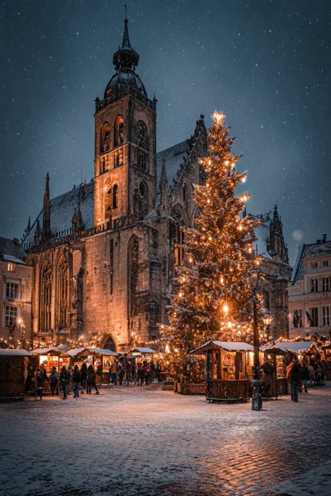 winter wallpaper (3) Festive Christmas market street at night, warm lights, ornaments and snowy atmosphere.