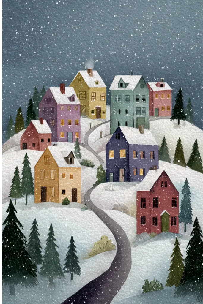pastel watercolor village on snowy hills with winding road and colorful houses during gentle snowfall