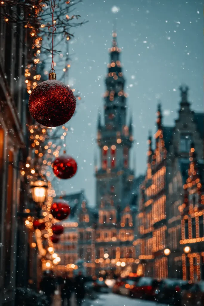 winter wallpaper (4) Cozy golden-lit alley with festive lanterns and Christmas decorations in softly falling snow.